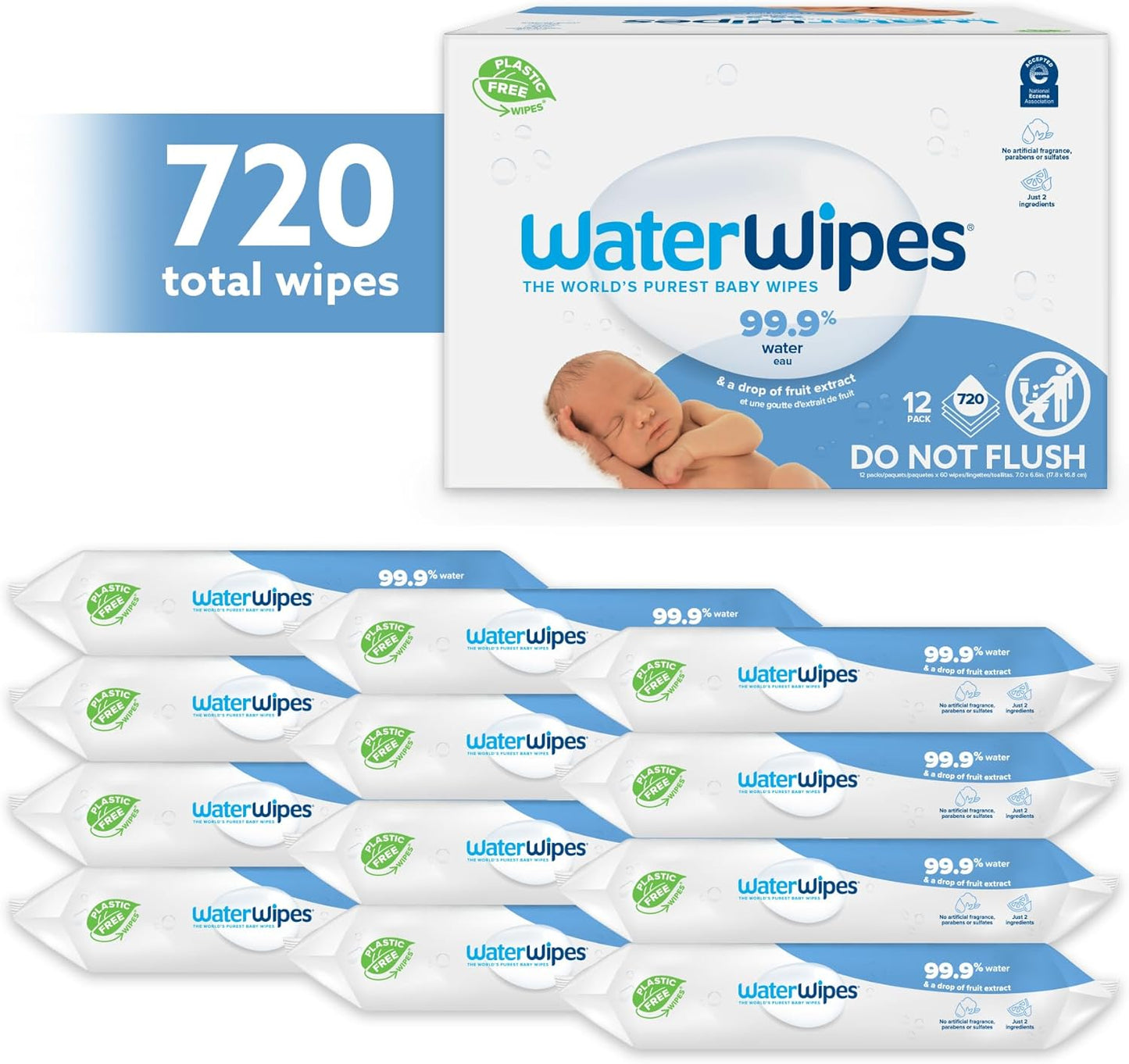 Waterwipes Original Baby Wipes, 99.9% Water, 3-In-1 Cleans, Cares, Protects, Unscented & Hypoallergenic, 720 Count (12 Packs), Packaging May Vary