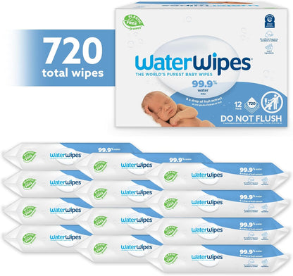 Waterwipes Original Baby Wipes, 99.9% Water, 3-In-1 Cleans, Cares, Protects, Unscented & Hypoallergenic, 720 Count (12 Packs), Packaging May Vary