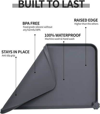 Waterproof Pet Feeding Mat with High Raised Edges, Heavier and Thicker Placemats for Cat Dog Water Bowl with BPA Free, Dogs Cats Food Mats for Messy Drinkers to Prevent Spill and Protect Floors