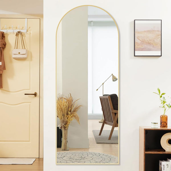 Sweetcrispy 64"X21" Arched Full Length Mirror, Standing or Leaning Full Body Mirror with Aluminum Alloy Thin Frame, Suitable for Bedroom or Cloakroom,Gold