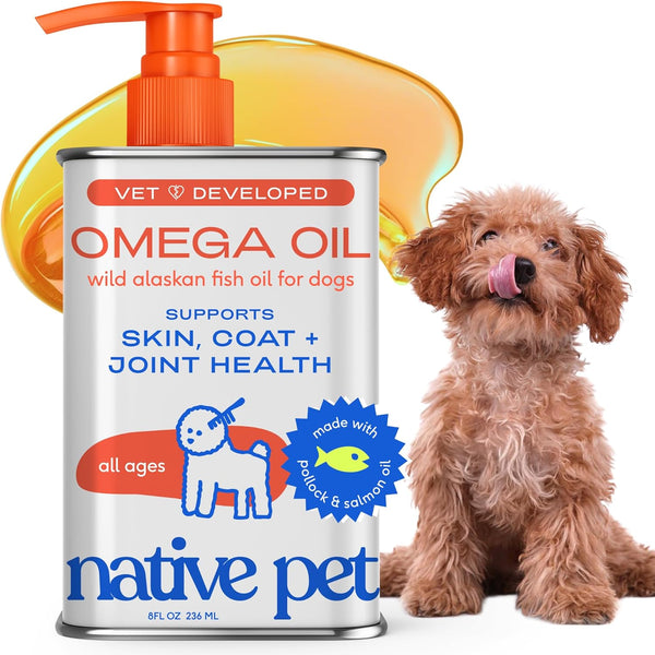 Native Pet Omega 3 Fish Oil for Dogs & Cats - Promotes Healthy Skin, Shiny Coat, & Strong Joints - Made with Wild Alaskan Salmon Oil for Dogs – Tasty, Fast-Absorbing Omega 3 6 9 Liquid Supplement- 8Oz