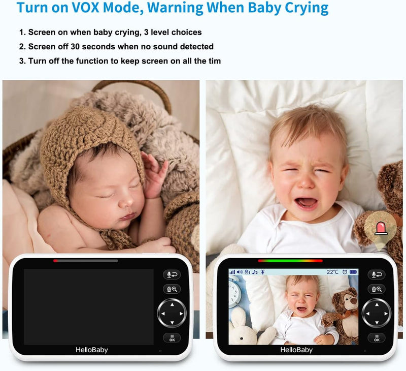 Hellobaby No Wifi Baby Monitor 5" Screen 30-Hour Battery Pan-Tilt-Zoom Video Upgrade with Camera and Audio, Night Vision, VOX, 2-Way Talk, 8 Lullabies and 1000Ft Range