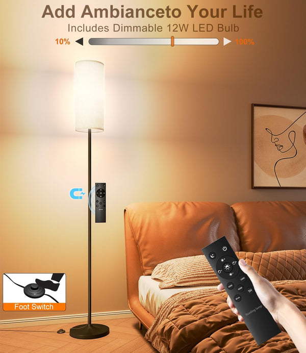 Luckystyle LED Floor Lamp for Living Room, Dimmable Standing Lamps with Foot Switch,Remote Custom Color Temperature Black Pole Lamp with Lampshade,12W Led Bulb Tall Lamps for Bedroom Office Kid Room