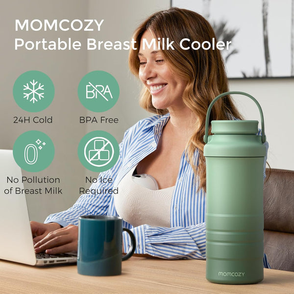 Momcozy 22Oz Portable Breast Milk Cooler for Outdoor, Life Saver with 360° Total Cooling for 24 Hours, Larger Capacity Travel Breastmilk Chiller with 2Pcs Baby Bottles for Breastmilk Storage, Green