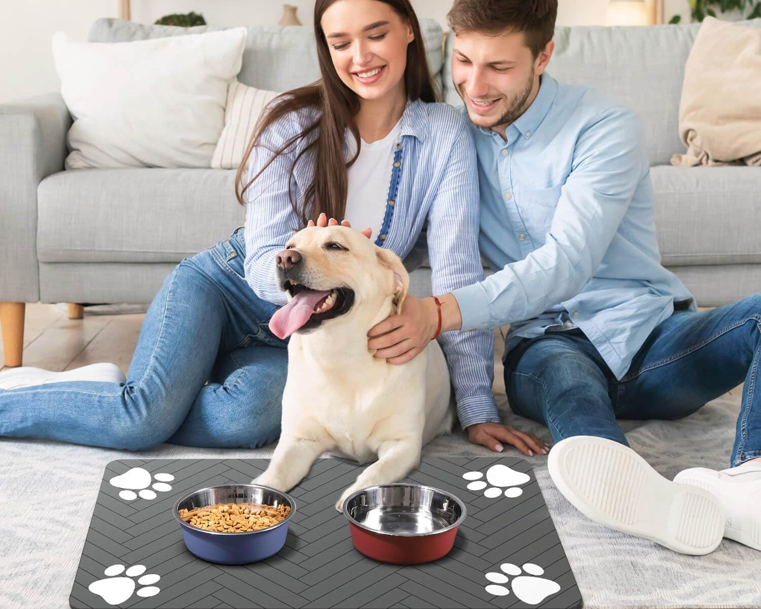 Pet Feeding Mat-Absorbent Pet Placemat for Food and Water Bowl, with Waterproof Rubber Backing, Quick Dry Water Dispenser Mat for Dog and Cat (12"X20", Striped Dark Gray)