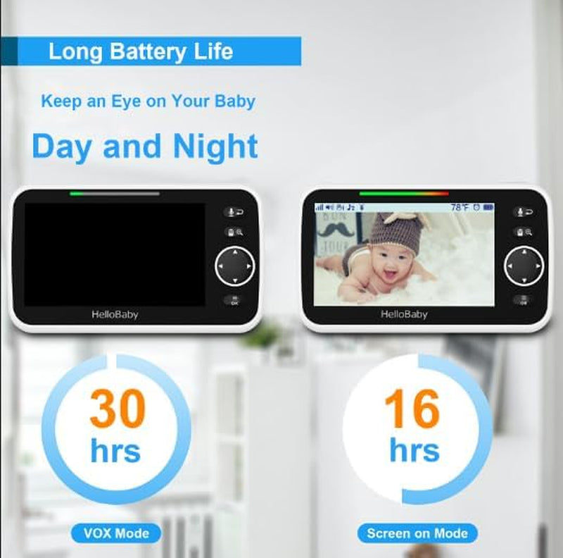 Hellobaby No Wifi Baby Monitor 5" Screen 30-Hour Battery Pan-Tilt-Zoom Video Upgrade with Camera and Audio, Night Vision, VOX, 2-Way Talk, 8 Lullabies and 1000Ft Range