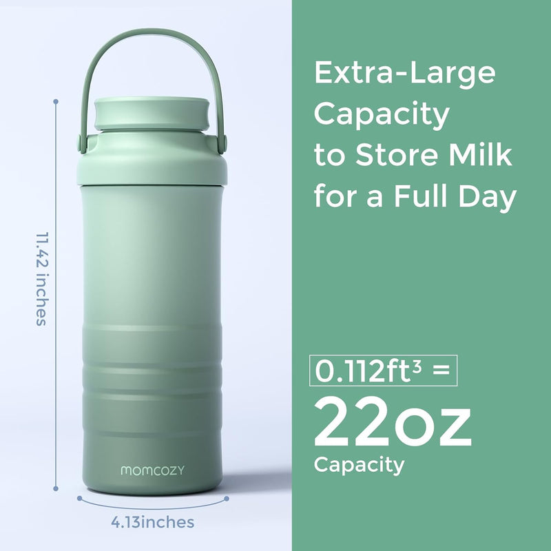Momcozy 22Oz Portable Breast Milk Cooler for Outdoor, Life Saver with 360° Total Cooling for 24 Hours, Larger Capacity Travel Breastmilk Chiller with 2Pcs Baby Bottles for Breastmilk Storage, Green