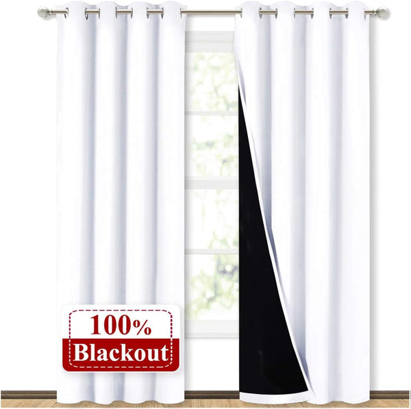 NICETOWN 100% Blackout Window Curtain Panels, Cold and Full Light Blocking Drapes with Black Liner for Nursery, 84 Inches Drop Thermal Insulated Draperies (White, 2 Pieces, 52 Wide Each Panel)
