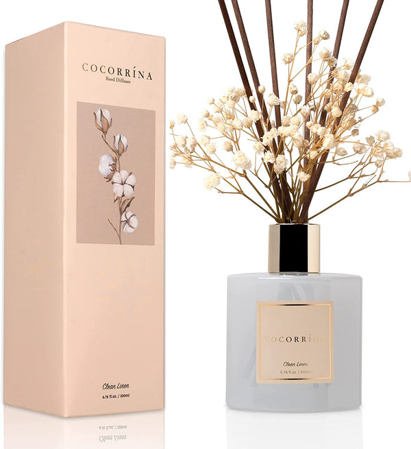 Cocorrína Reed Diffuser Set, 6.7 Oz Clean Linen Scented Diffuser with Sticks Home Fragrance Reed Diffuser for Bathroom Shelf Decor