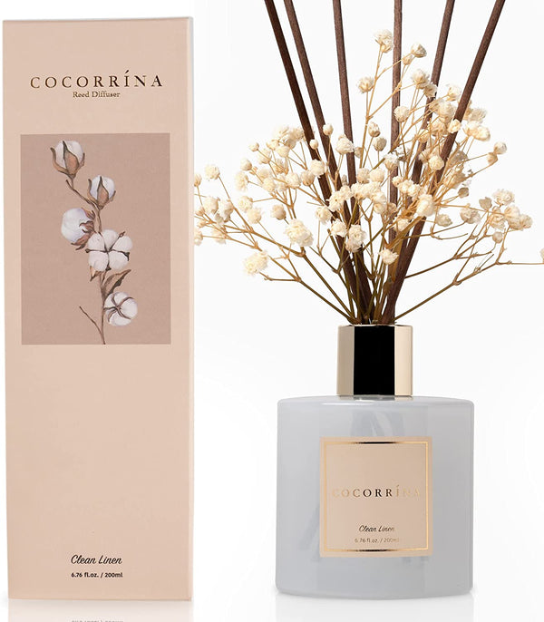 Cocorrína Reed Diffuser Set, 6.7 Oz Clean Linen Scented Diffuser with Sticks Home Fragrance Reed Diffuser for Bathroom Shelf Decor