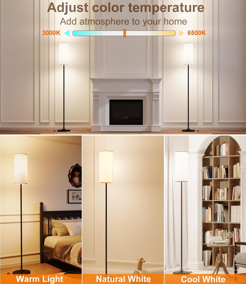Luckystyle LED Floor Lamp for Living Room, Dimmable Standing Lamps with Foot Switch,Remote Custom Color Temperature Black Pole Lamp with Lampshade,12W Led Bulb Tall Lamps for Bedroom Office Kid Room