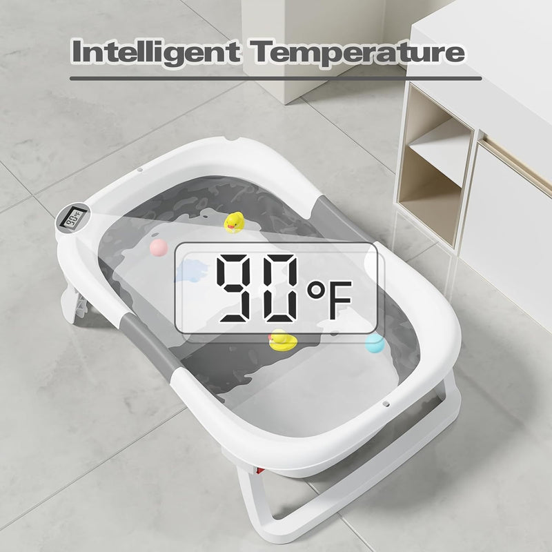 Collapsible Baby Bathtub,Baby Bath Tub with Soft Cushion & Thermometer,Baby Bathtub Newborn to Toddler 0-36 Months,Portable Travel Baby Tub