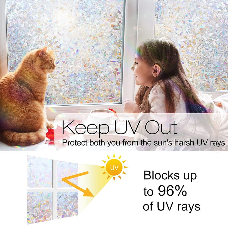 Rabbitgoo Window Privacy Film Rainbow Film Decorative Window Sticker, 3D Static Stained Glass Cling Tint for Home Heat Control Non-Adhesive, 17.5 X 78.7 Inches