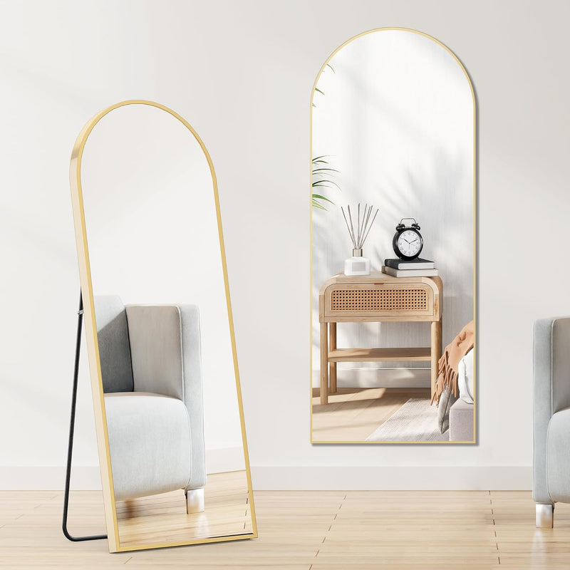 Sweetcrispy 64"X21" Arched Full Length Mirror, Standing or Leaning Full Body Mirror with Aluminum Alloy Thin Frame, Suitable for Bedroom or Cloakroom,Gold