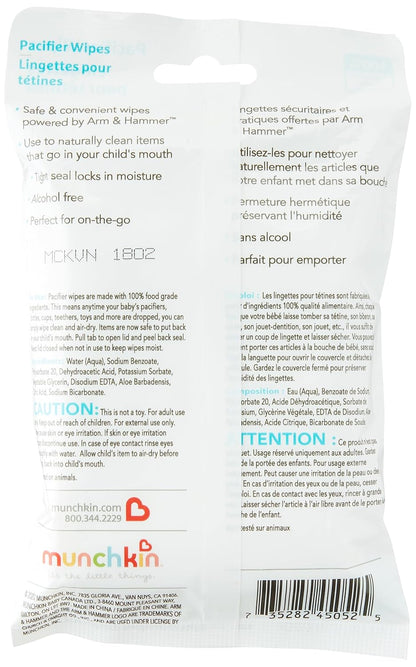 Munchkin Arm & Hammer Pacifier Wipes - Safely Cleans Breast Pump Parts and Feeding Essentials for Baby and Toddler, 1 Pack, 36 Wipes