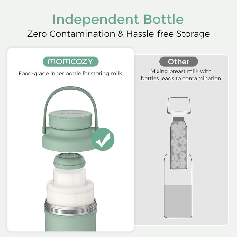 Momcozy 22Oz Portable Breast Milk Cooler for Outdoor, Life Saver with 360° Total Cooling for 24 Hours, Larger Capacity Travel Breastmilk Chiller with 2Pcs Baby Bottles for Breastmilk Storage, Green