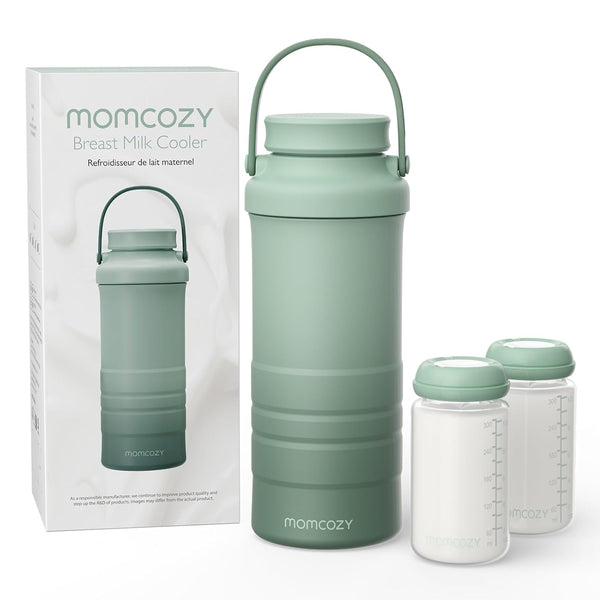 Momcozy 22Oz Portable Breast Milk Cooler for Outdoor, Life Saver with 360° Total Cooling for 24 Hours, Larger Capacity Travel Breastmilk Chiller with 2Pcs Baby Bottles for Breastmilk Storage, Green
