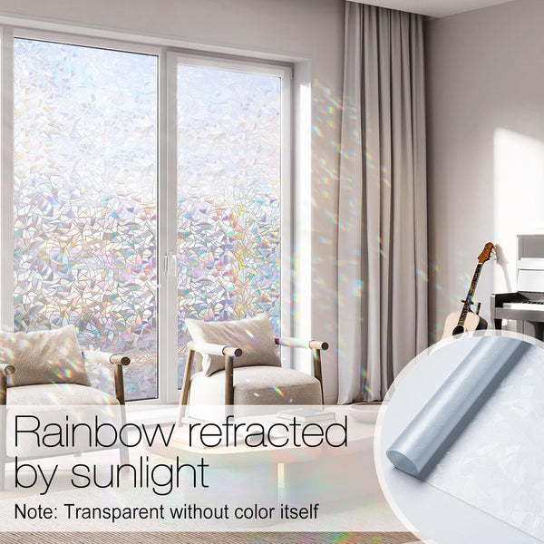 Rabbitgoo Window Privacy Film Rainbow Film Decorative Window Sticker, 3D Static Stained Glass Cling Tint for Home Heat Control Non-Adhesive, 17.5 X 78.7 Inches