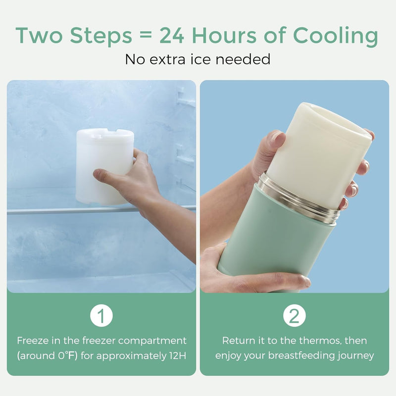 Momcozy 22Oz Portable Breast Milk Cooler for Outdoor, Life Saver with 360° Total Cooling for 24 Hours, Larger Capacity Travel Breastmilk Chiller with 2Pcs Baby Bottles for Breastmilk Storage, Green