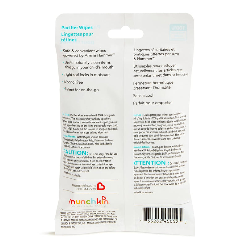 Munchkin Arm & Hammer Pacifier Wipes - Safely Cleans Breast Pump Parts and Feeding Essentials for Baby and Toddler, 1 Pack, 36 Wipes
